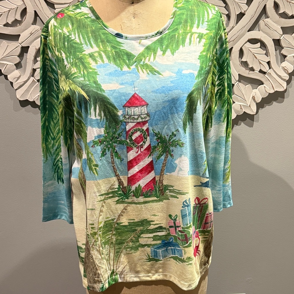 Vintage Coral Bay Christmas Lighthouse Tropical Print Women's Top XL excellent - Picture 2 of 11